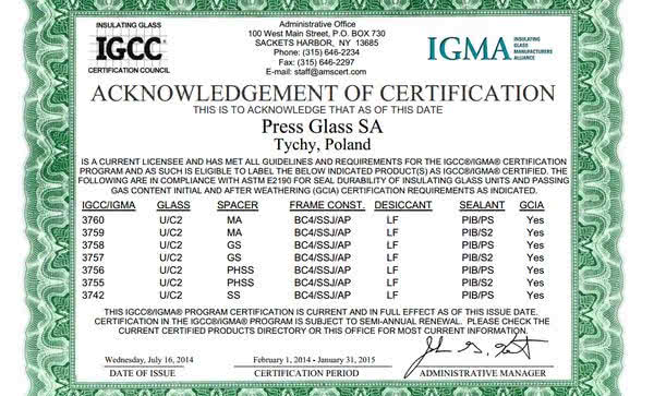Szyby PRESS GLASS z certyfikatem IGCC/IGMA